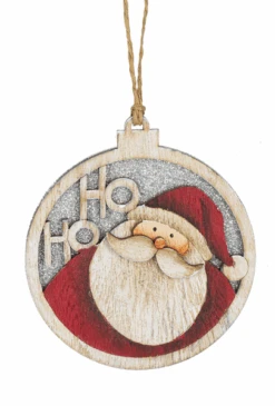 Wooden Circle Glittered Ornament - Santa Ho Ho