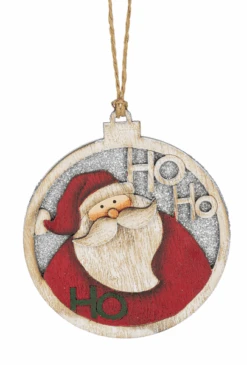 Wooden Circle Glittered Ornament - Santa Ho Ho Ho